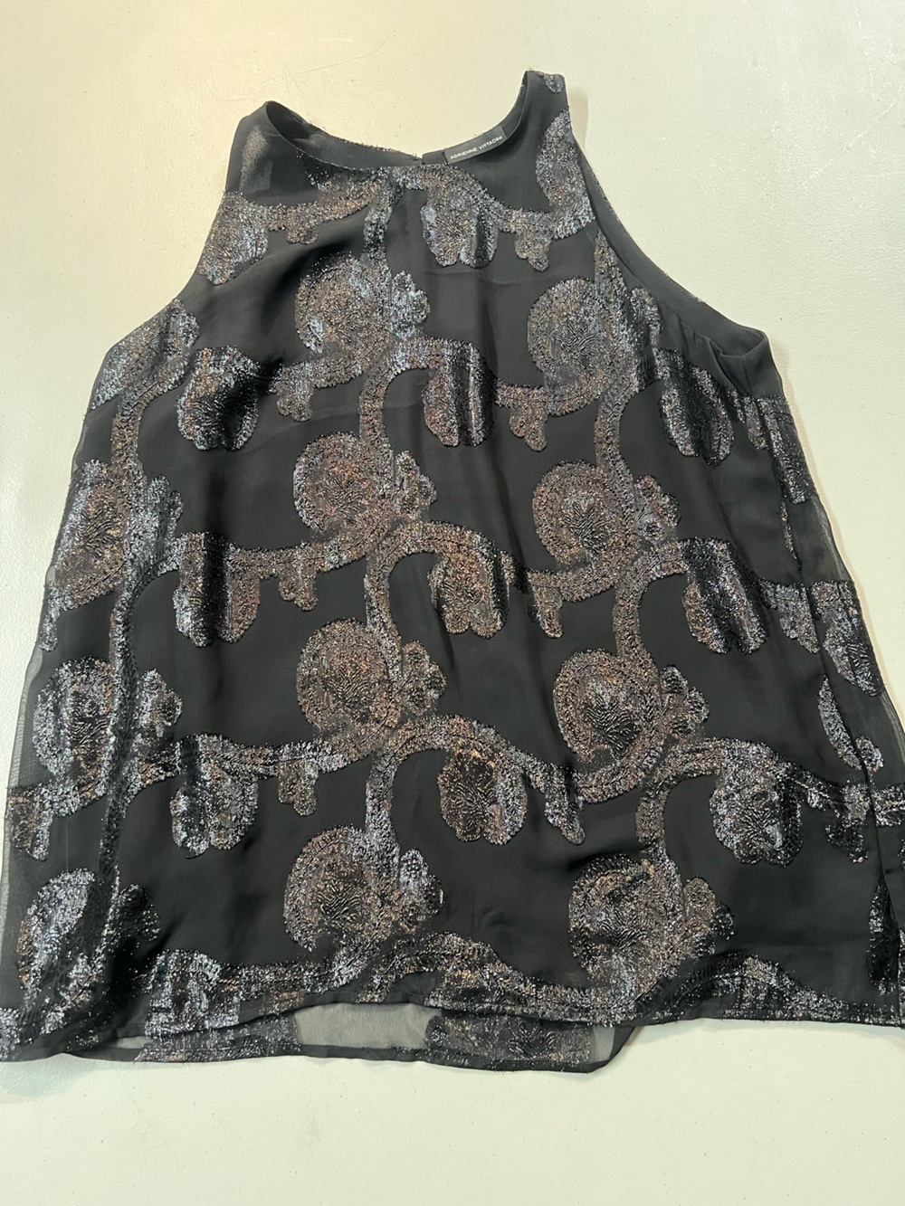 Adrienne Vittadini Black Metallic Silver Floral Sleeveless Blouse Size L
